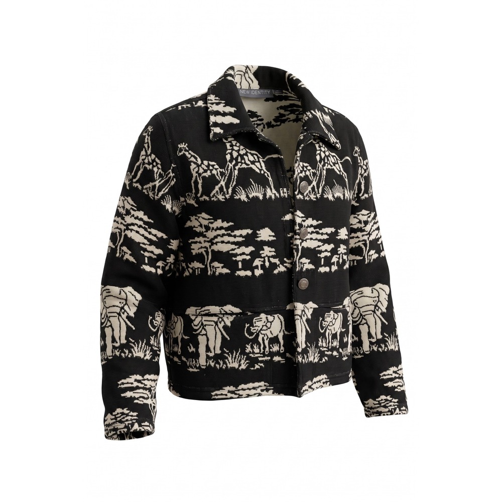 New Identity Womens Safari Tapestry Jacket Black White Elephant Giraffe Large